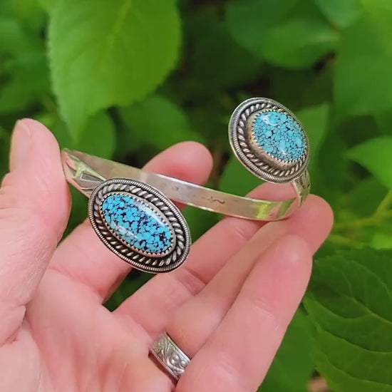 Black Web Kingman Turquoise Open Silver Cuff - handmade, bracelet, sterling, southwestern, blue, black, natural turquoise, beautiful gift