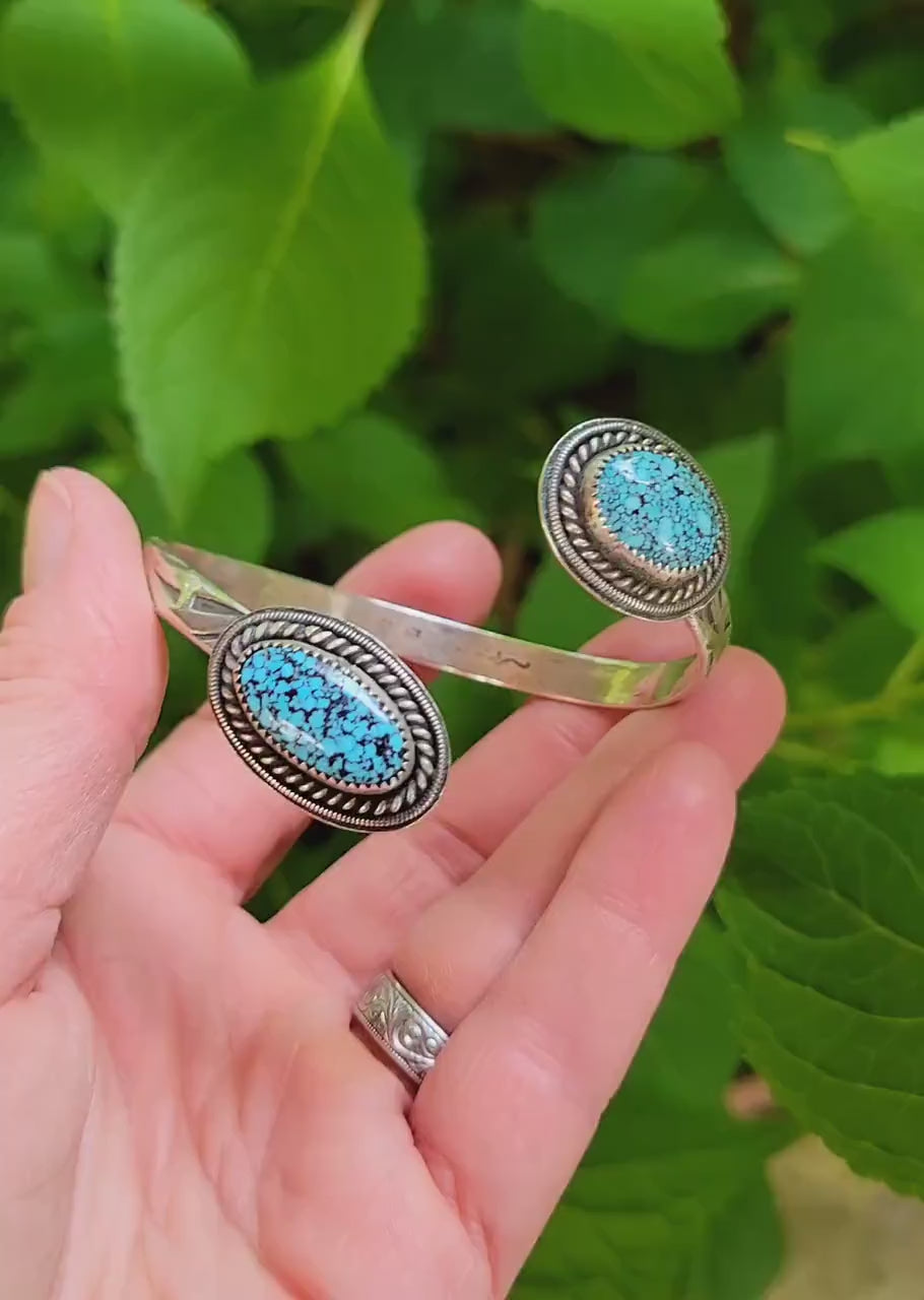 Black Web Kingman Turquoise Open Silver Cuff - handmade, bracelet, sterling, southwestern, blue, black, natural turquoise, beautiful gift