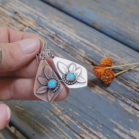 Silver & Turquoise Sunflower Earrings - sterling silver, handmade, natural Kingman stones, kite, botanical, flower, lightweight dangles