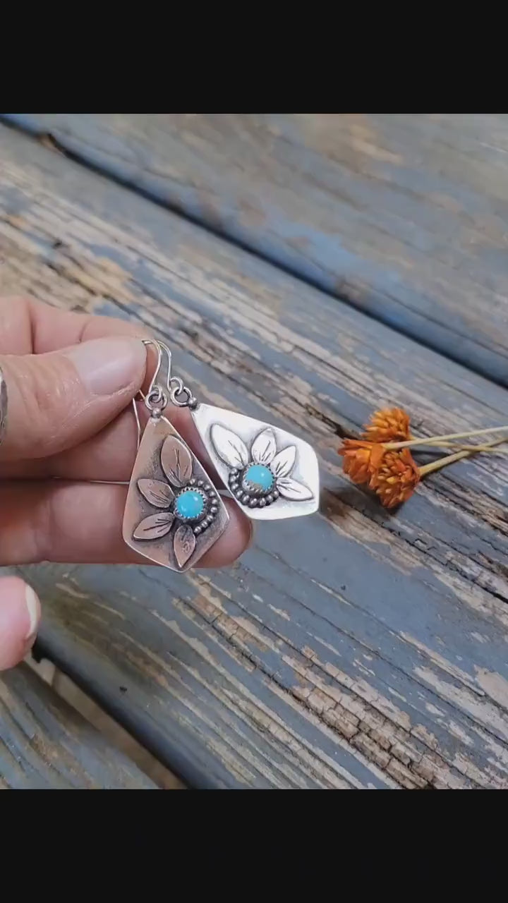 Silver & Turquoise Sunflower Earrings - sterling silver, handmade, natural Kingman stones, kite, botanical, flower, lightweight dangles