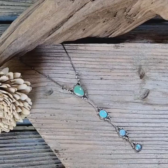 Turquoise Silver Lariat Necklace - handmade, sterling silver, natural green blue mix, Southwestern, Native American inspired, beautiful gift