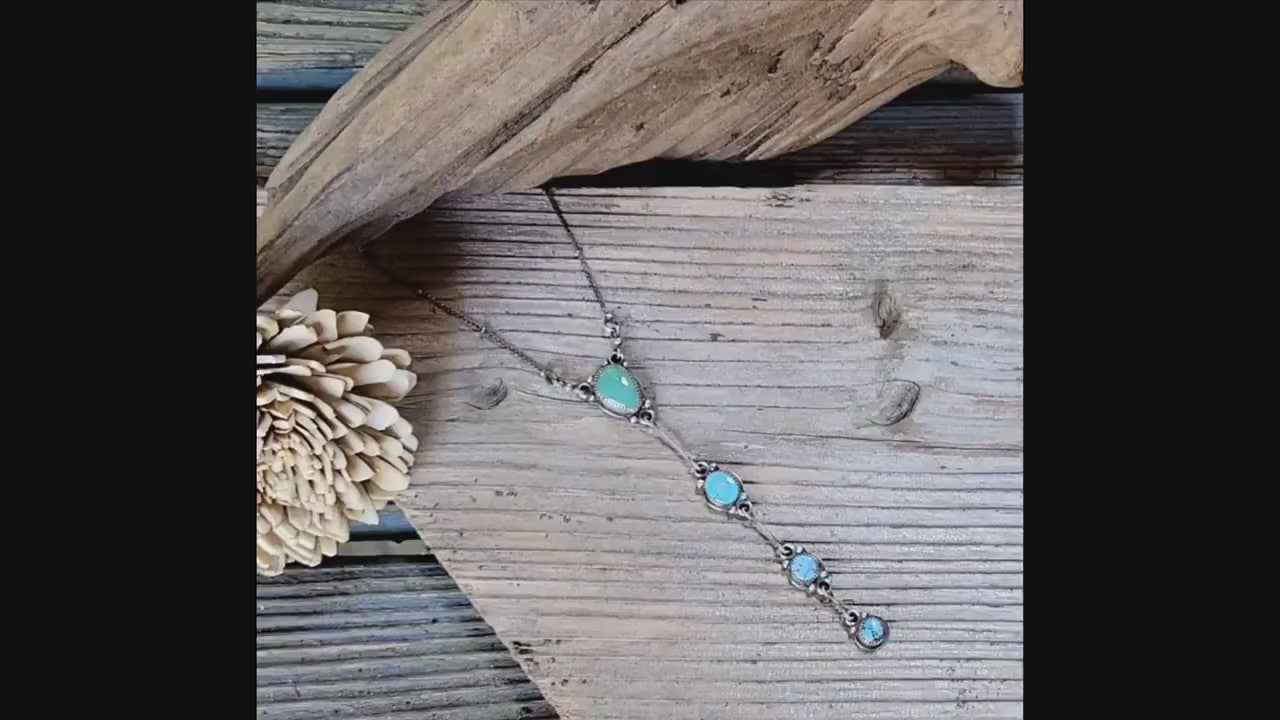 Turquoise Silver Lariat Necklace - handmade, sterling silver, natural green blue mix, Southwestern, Native American inspired, beautiful gift