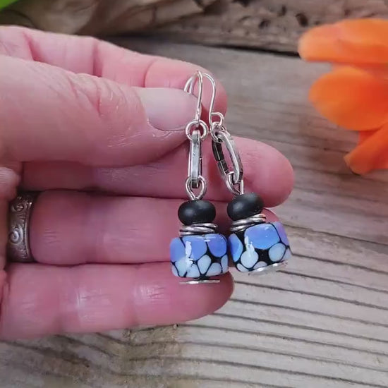 Purple Monarch Butterfly Artisan Glass earrings - handmade glass, handformed sterling silver, violet, periwinkle,black, beautiful gift