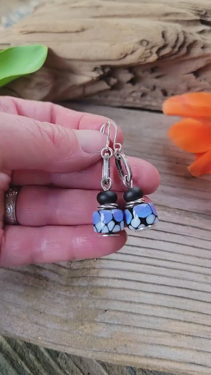 Purple Monarch Butterfly Artisan Glass earrings - handmade glass, handformed sterling silver, violet, periwinkle,black, beautiful gift