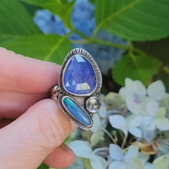 Tanzanite and Idaho Spencer Opal Sterling Silver Ring - blue, lavender, perwinkle, high grade Tanzanite, quartz, handmade, beautiful gift