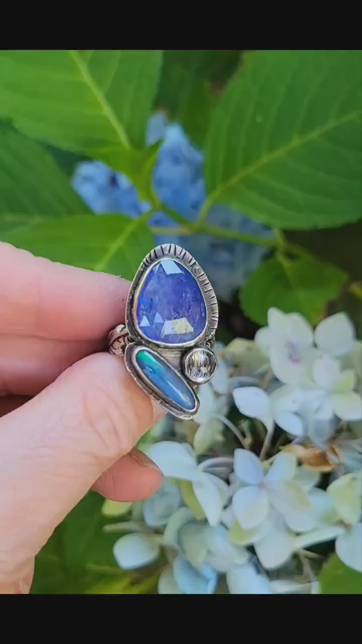 Tanzanite and Idaho Spencer Opal Sterling Silver Ring - blue, lavender, perwinkle, high grade Tanzanite, quartz, handmade, beautiful gift
