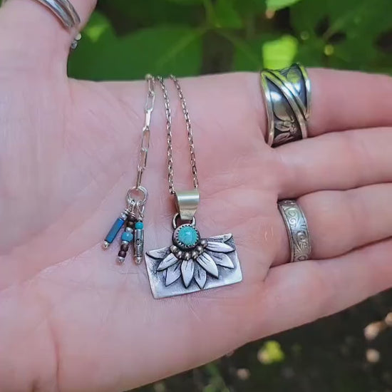 Hand Crafted Sterling Silver Sunflower Necklace featuring natural blue moon turquoise, flower, #1 of 2 sister necklaces, beautiful gift