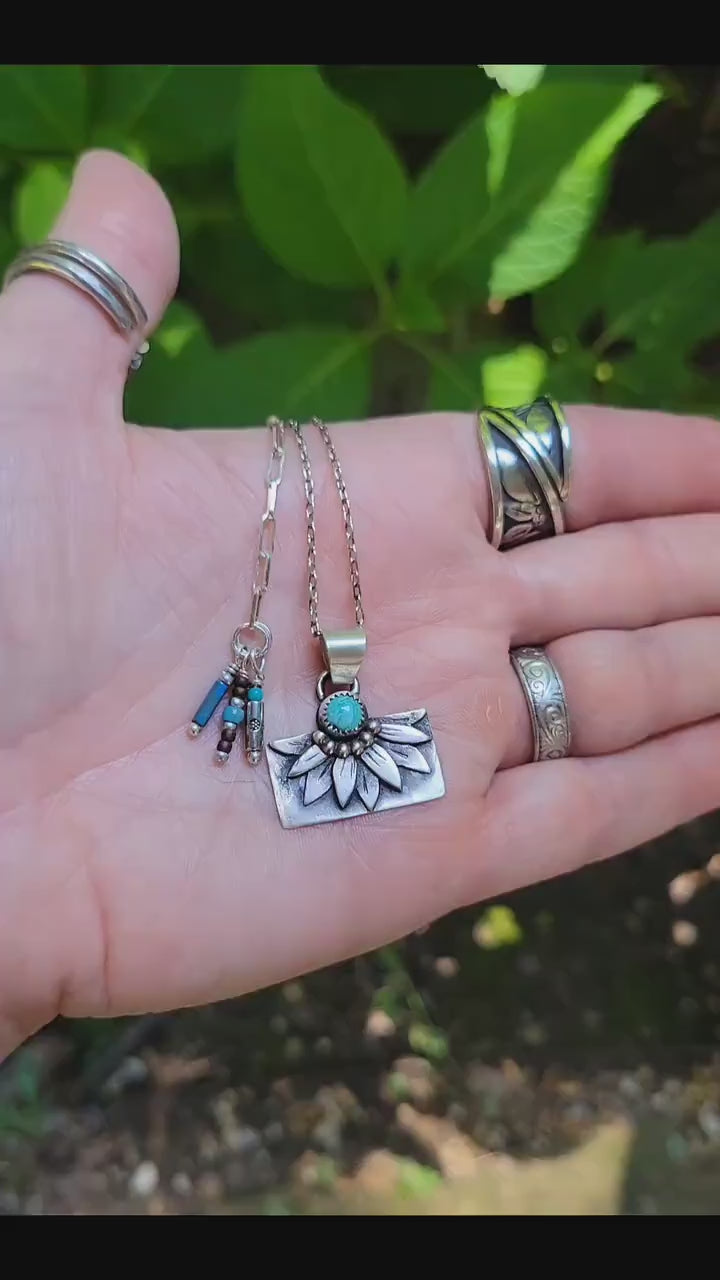 Hand Crafted Sterling Silver Sunflower Necklace featuring natural blue moon turquoise, flower, #1 of 2 sister necklaces, beautiful gift