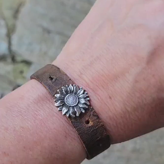 Sterling Silver Sunflower Leather Bracelet - handmade, hand crafted, weathered brown leather, simple, durable, rugged, beautiful gift