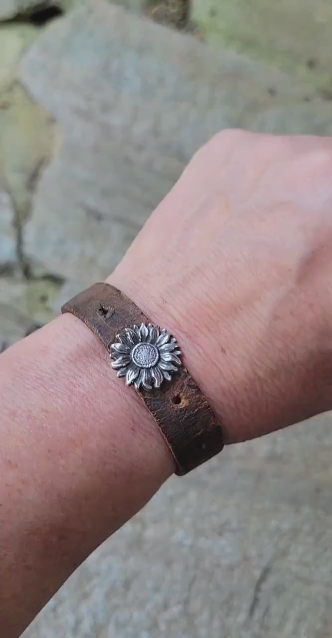Sterling Silver Sunflower Leather Bracelet - handmade, hand crafted, weathered brown leather, simple, durable, rugged, beautiful gift