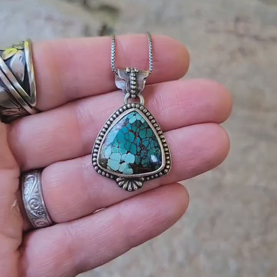 Green Turquoise Pendant in Sterling Silver Necklace - handmade, Polychrome Trillion Qingu, natural stone, flower, dainty, beautiful gift
