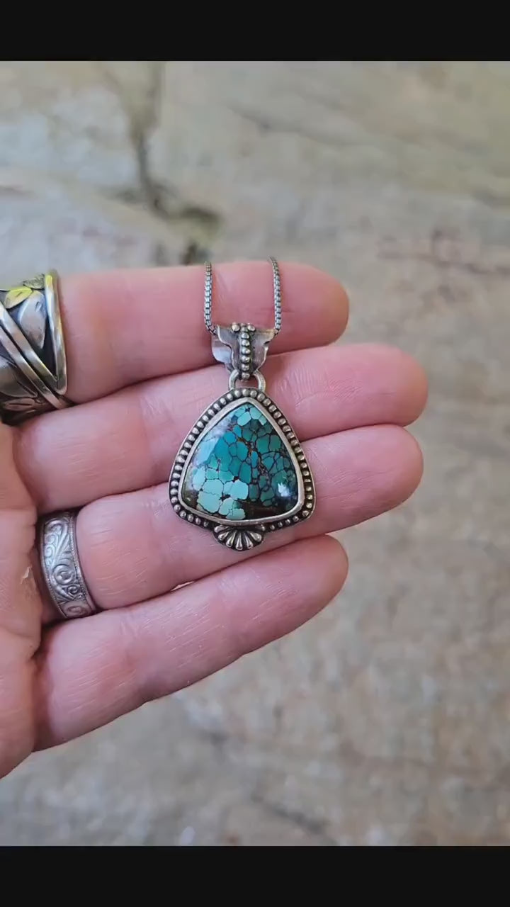 Green Turquoise Pendant in Sterling Silver Necklace - handmade, Polychrome Trillion Qingu, natural stone, flower, dainty, beautiful gift