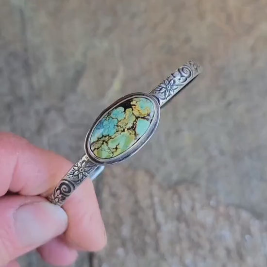 Green Turquoise Silver Cuff - handcrafted, handmade, natural green Qingu Hubei Turquoise, ethically sourced, floral pattern cuff, gift