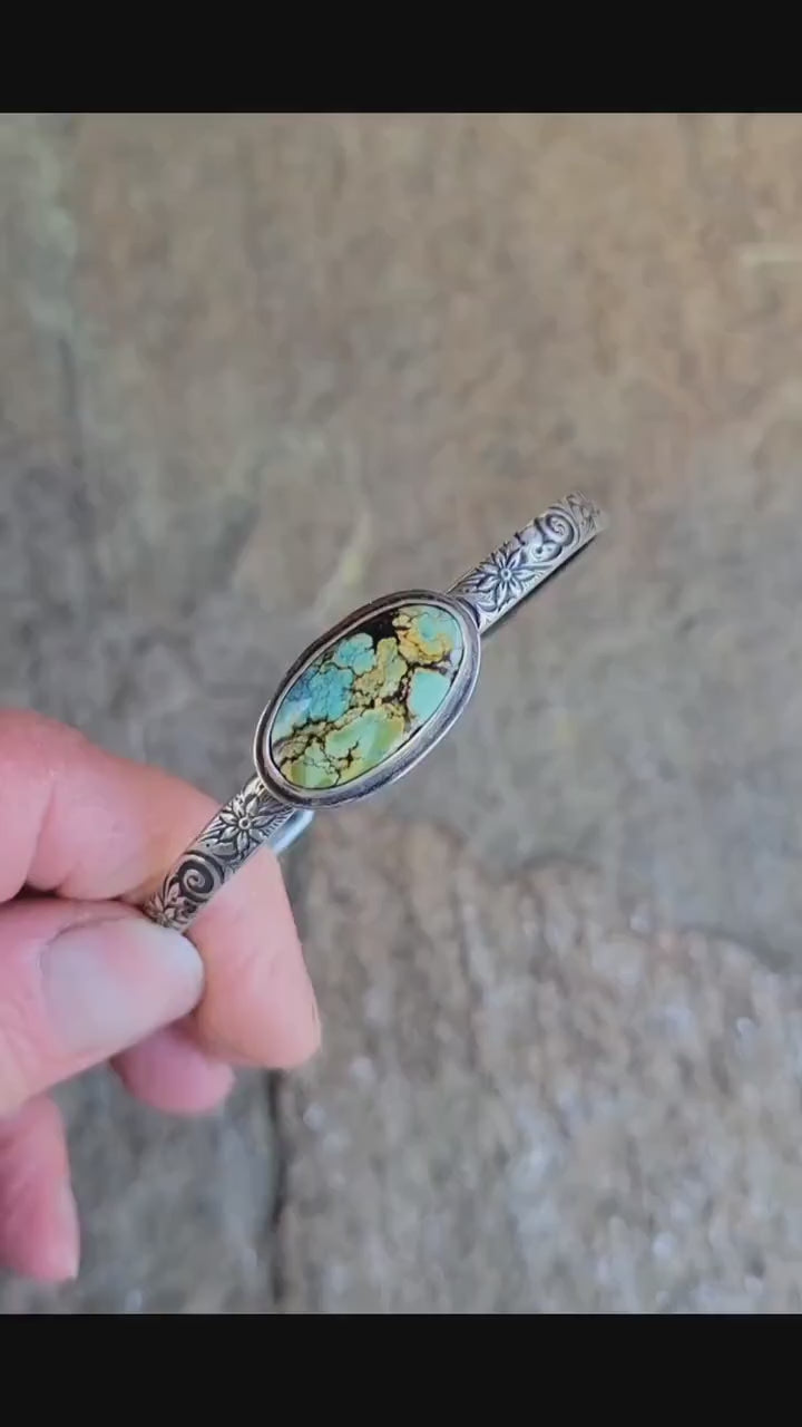 Green Turquoise Silver Cuff - handcrafted, handmade, natural green Qingu Hubei Turquoise, ethically sourced, floral pattern cuff, gift