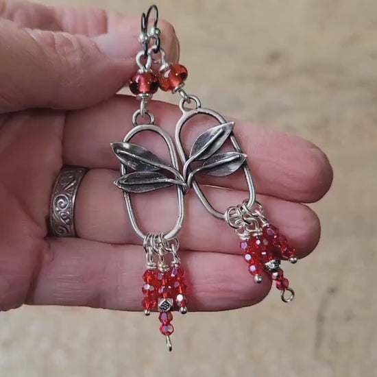 Silver Leaf Beaded Fringe Earrings - sterling silver, handmade, strawberry artisan glass beads and crystals, lightweight, beautiful gift