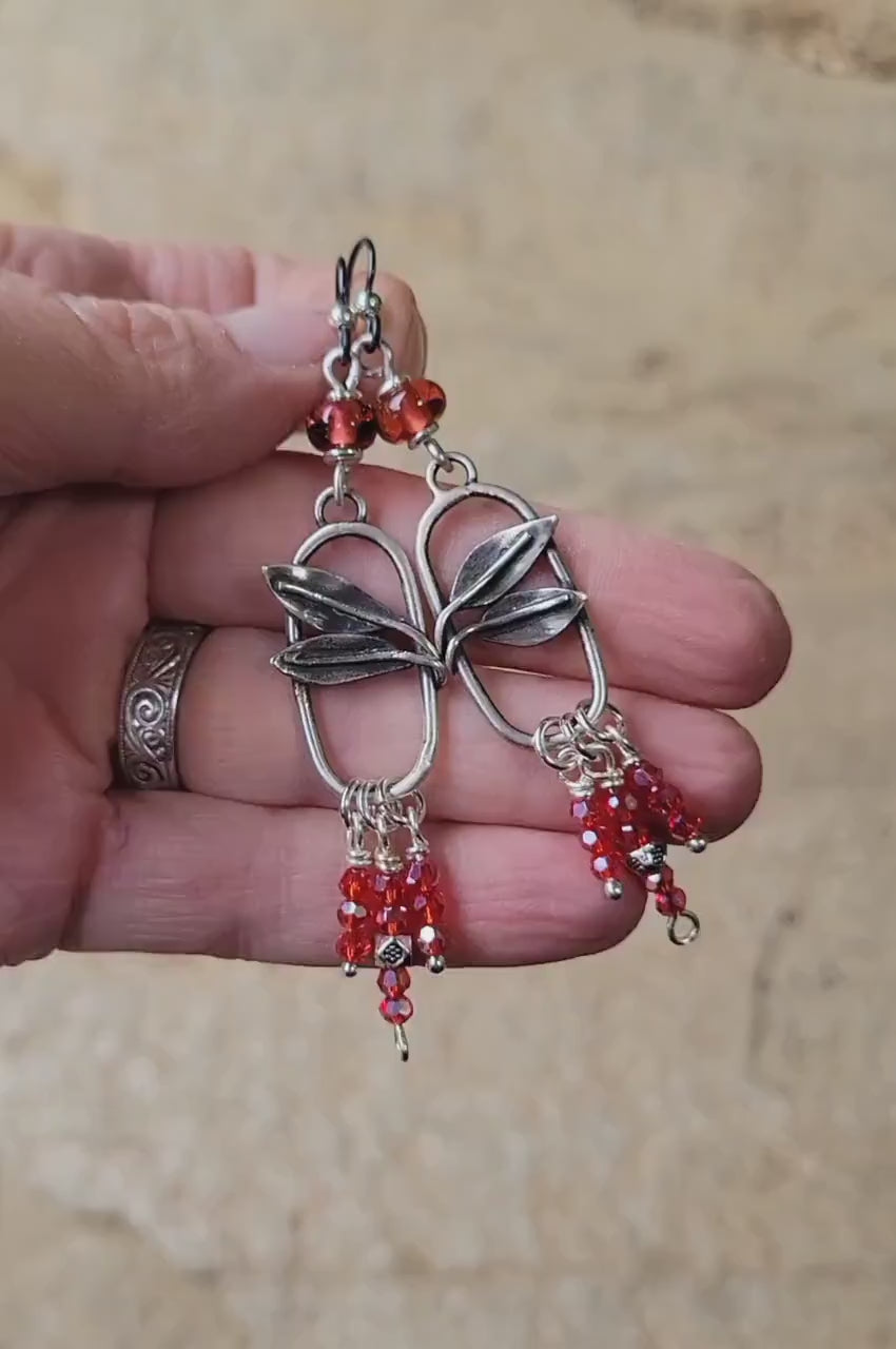 Silver Leaf Beaded Fringe Earrings - sterling silver, handmade, strawberry artisan glass beads and crystals, lightweight, beautiful gift