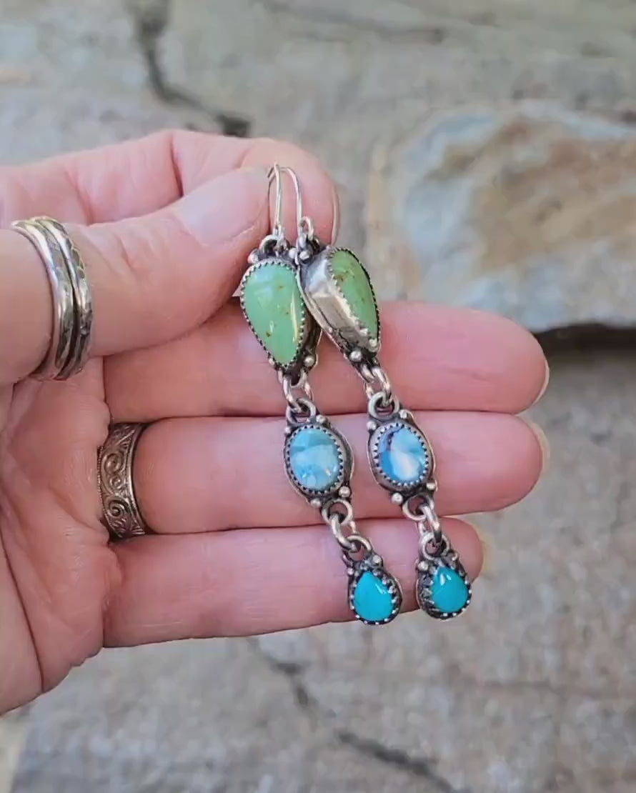 Multi-stone Turquoise Dangle Earrings - handmade, sterling silver, natural sonoran, lavender, kingman, southwestern inspired, beautiful gift