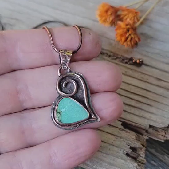 Turquoise Copper Heart Necklace - handmade, green hubei turquoise stone, antiqued flower pattern copper, rugged, solid, beautiful gift
