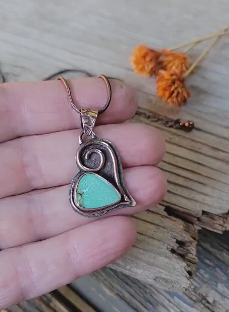 Turquoise Copper Heart Necklace - handmade, green hubei turquoise stone, antiqued flower pattern copper, rugged, solid, beautiful gift
