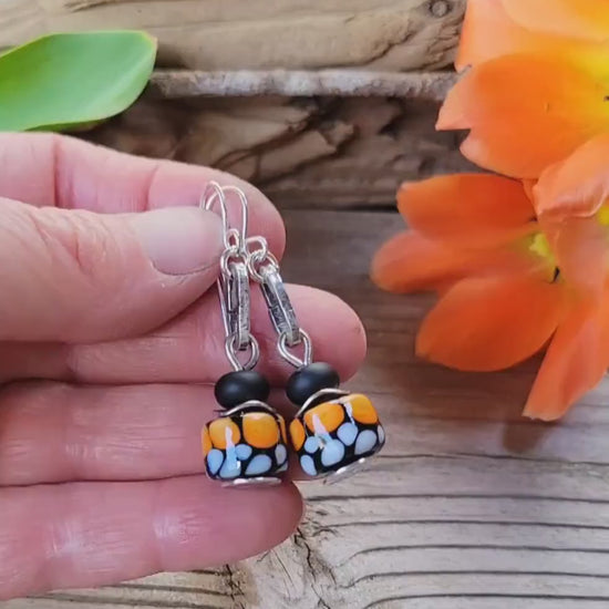 Monarch Butterflly Artisan Glass earrings - handmade glass beads, handformed sterling silver, orange, black, white, wings, beautiful gift