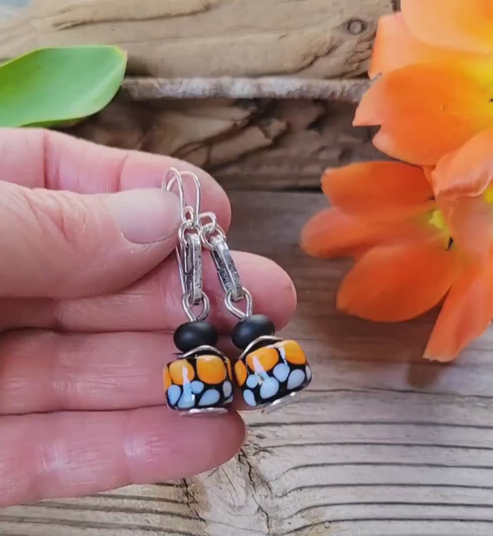 Monarch Butterflly Artisan Glass earrings - handmade glass beads, handformed sterling silver, orange, black, white, wings, beautiful gift