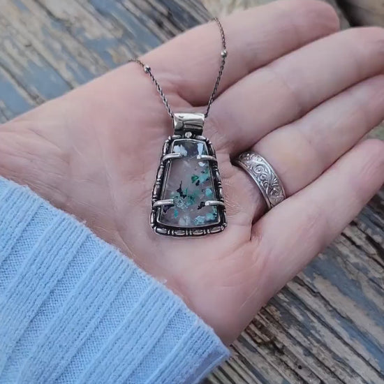 Sugarwater Snowflake Agate Pendant Necklace - sterling silver, handmade, blue, white, speckled, unque lightweight open back, beautiful gift