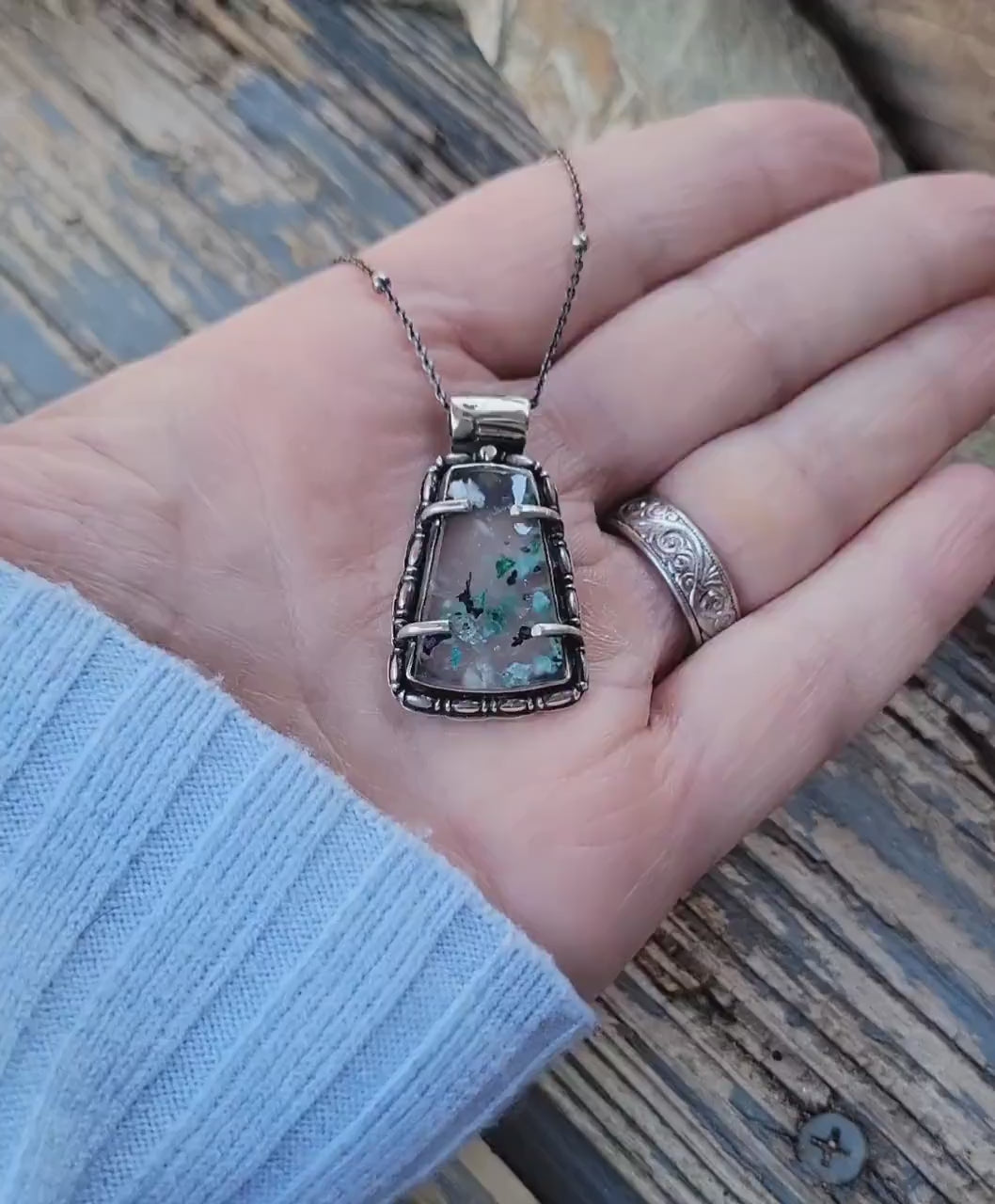 Sugarwater Snowflake Agate Pendant Necklace - sterling silver, handmade, blue, white, speckled, unque lightweight open back, beautiful gift