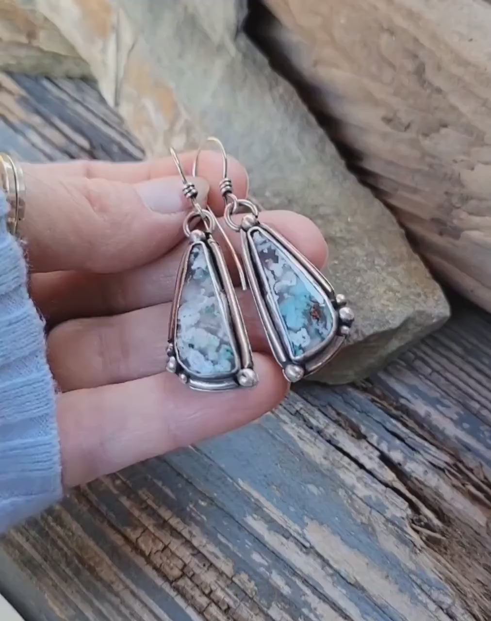 Sugarwater Snowflake Agate Dangle Earrings - sterling silver, handmade, blue, white, speckled, unique, lightweight open back, beautiful gift