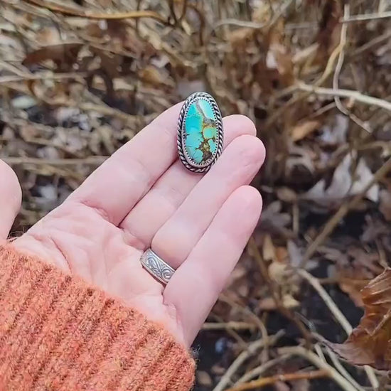 Turquoise Pony Tail Holder - handmade, hair accessory, sterling silver, natural bamboo hubei turquoise, blue, green, oval, unique gift