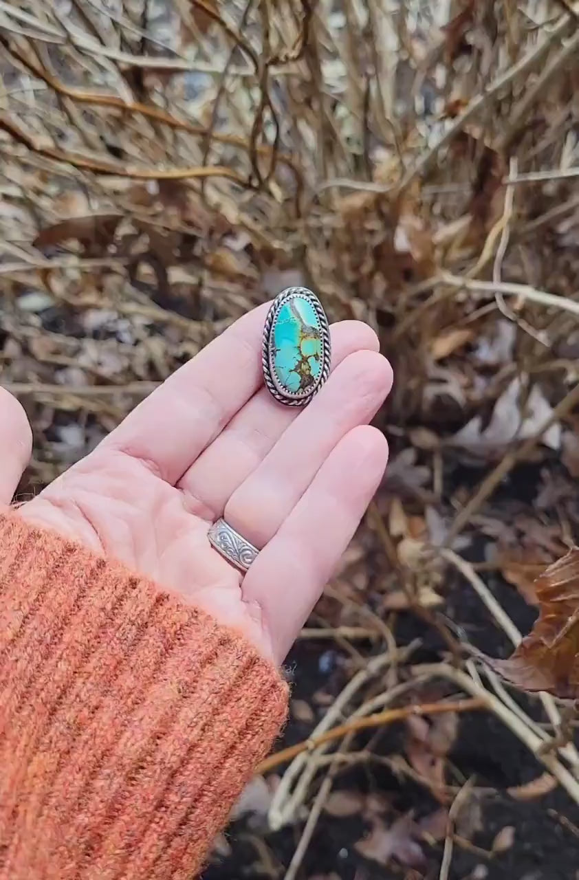 Turquoise Pony Tail Holder - handmade, hair accessory, sterling silver, natural bamboo hubei turquoise, blue, green, oval, unique gift