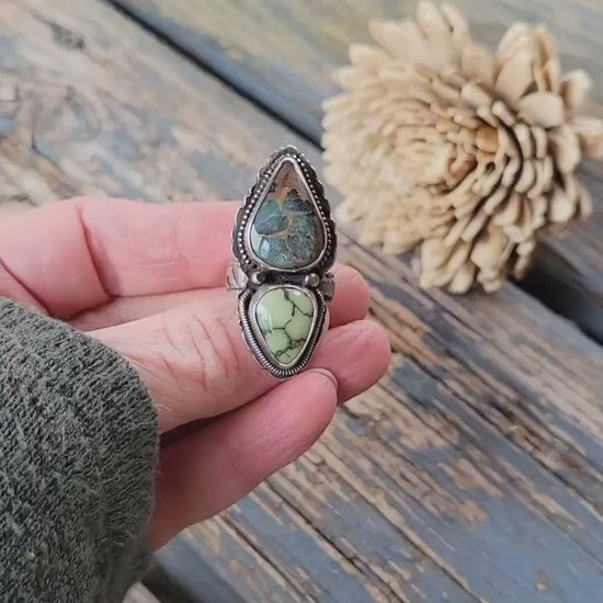 Double Stone Turquoise Ring - slate blue, green, natural stones, sterling silver, pattern shank & back, handmade, southwestern, Size 6.5 USA