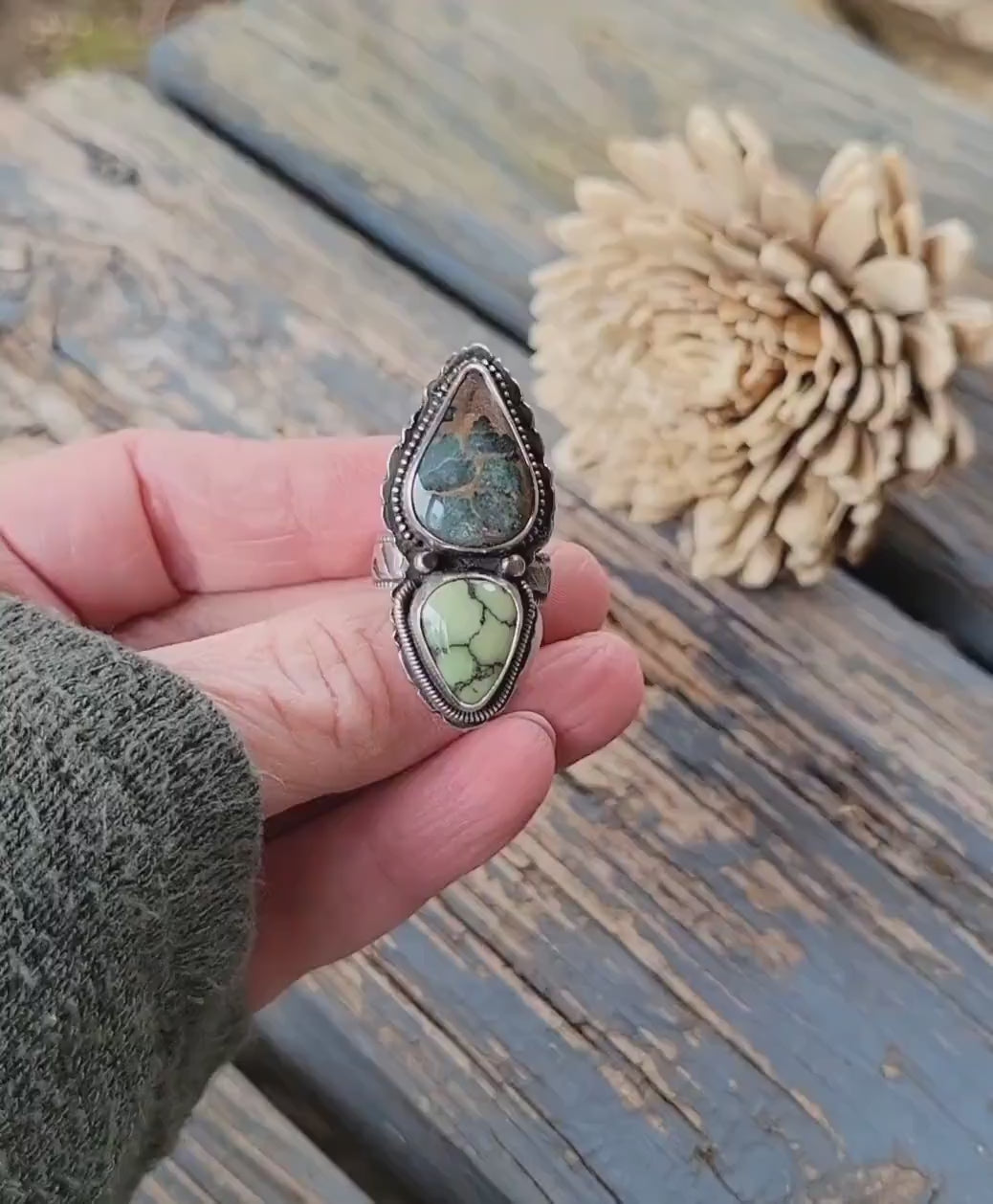 Double Stone Turquoise Ring - slate blue, green, natural stones, sterling silver, pattern shank & back, handmade, southwestern, Size 6.5 USA