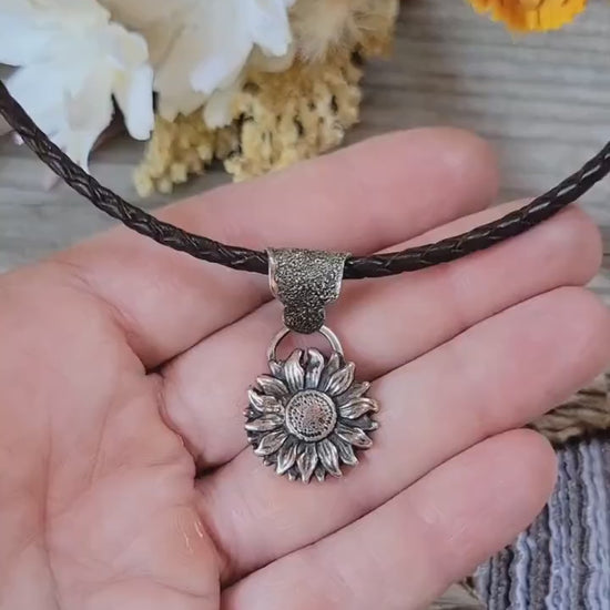 Sterling Silver Sunflower Necklace - sterling silver cast sunflower, hand crafted bail, brown leather, handmade, adjustable, beautiful gift