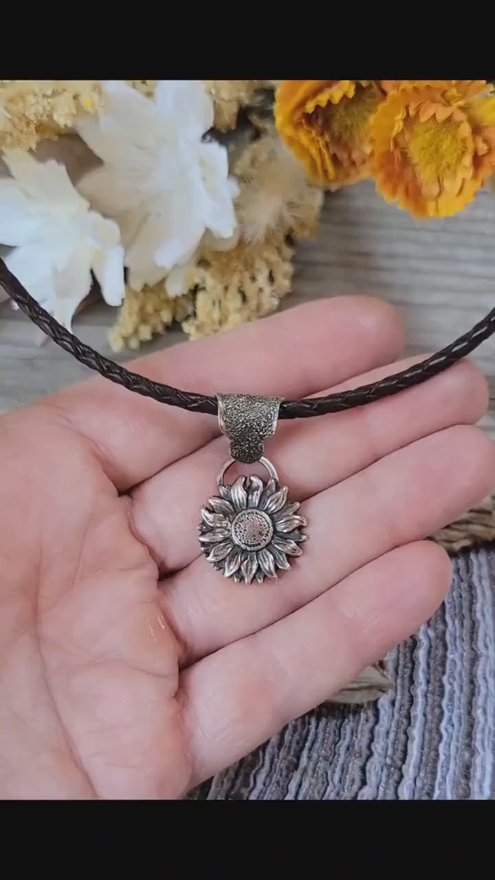 Sterling Silver Sunflower Necklace - sterling silver cast sunflower, hand crafted bail, brown leather, handmade, adjustable, beautiful gift