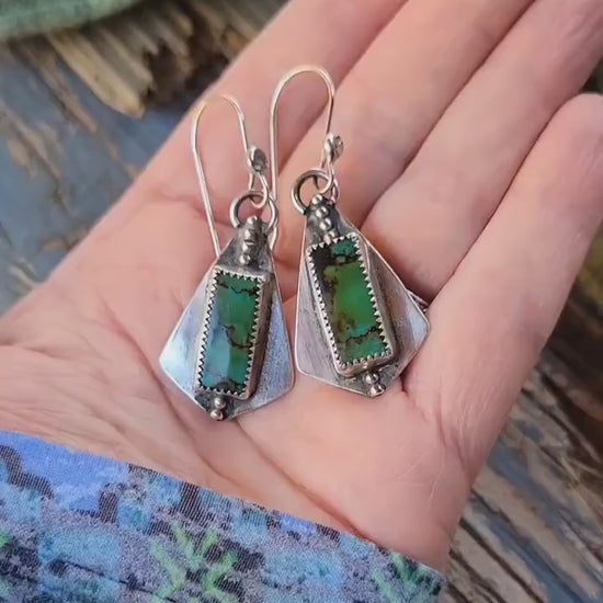 Green Turquoise Dangle Earrings - handmade, sterling silver, hubei quingu, handmade, modern, edgy, dotted, lightweight, beautiful gift