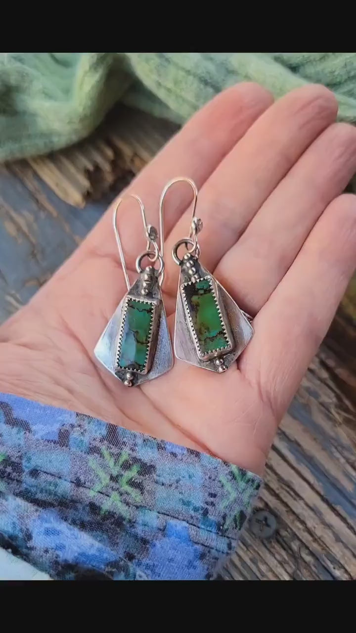 Green Turquoise Dangle Earrings - handmade, sterling silver, hubei quingu, handmade, modern, edgy, dotted, lightweight, beautiful gift