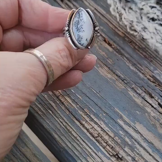 Dendritic Agate Sterling Silver Ring - handmade, scenic stone, snow, winter, gray, white, modern but classic, beautiful gift, Size 7 USA