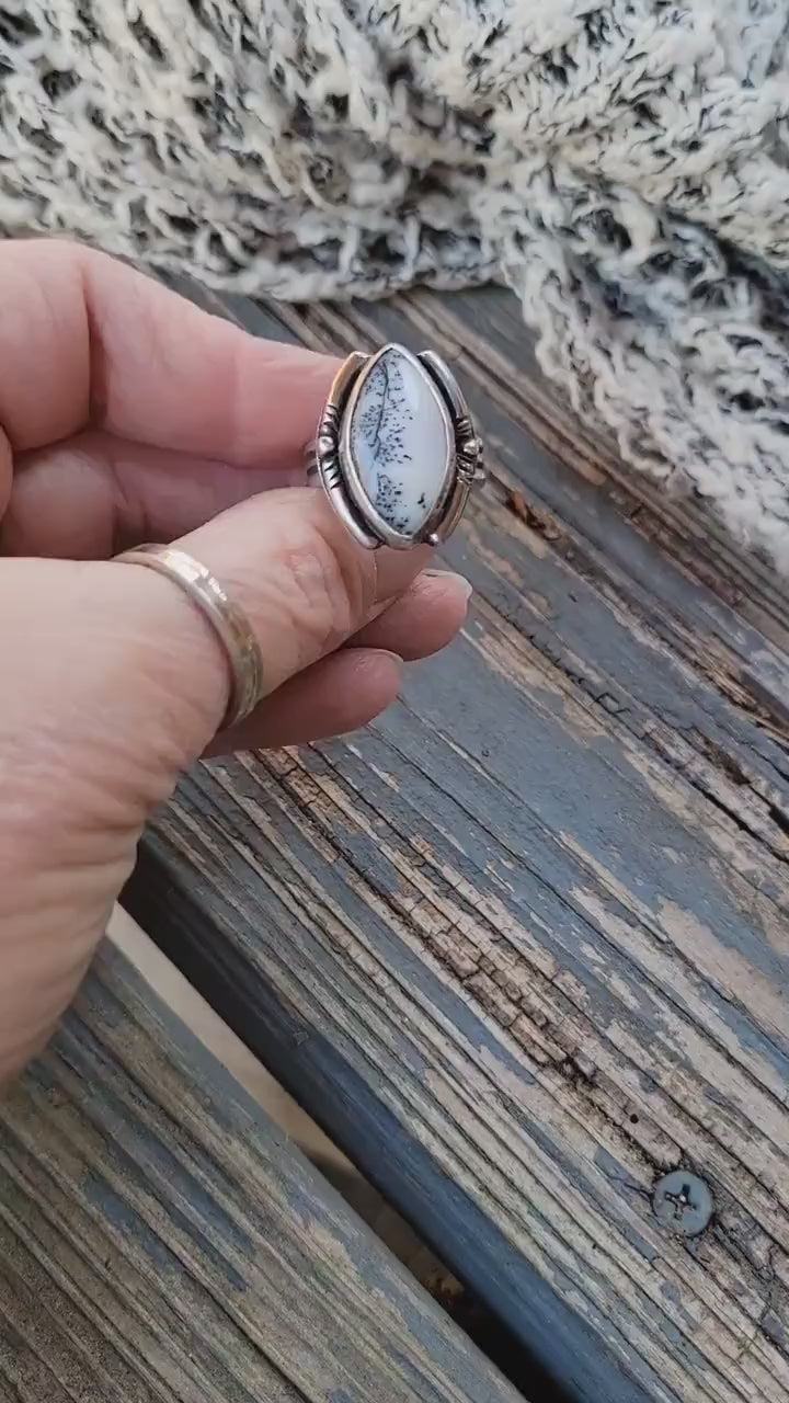 Dendritic Agate Sterling Silver Ring - handmade, scenic stone, snow, winter, gray, white, modern but classic, beautiful gift, Size 7 USA