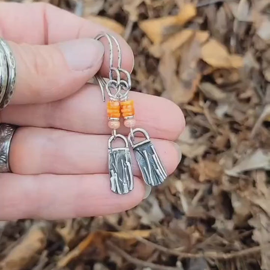 Sterling Silver Earrings - Orange spiny oyster shell, handmade, artisan, extremely lightweight, tall grasses, autumn, beautiful gift