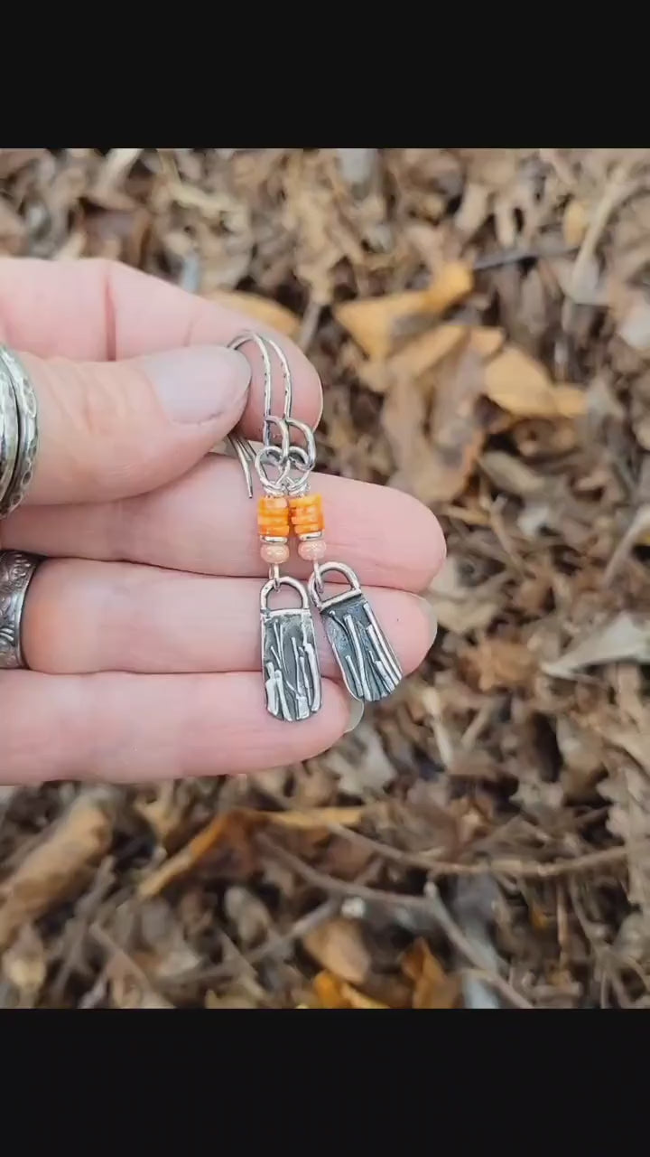 Sterling Silver Earrings - Orange spiny oyster shell, handmade, artisan, extremely lightweight, tall grasses, autumn, beautiful gift