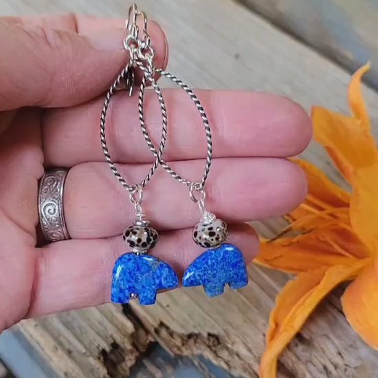 Denim Blue Lapis Lazuli Earrings - Mamma bear, silver hoops, teardrop, handmade, leopard artisan glass, lightweight, southwestern, dangles