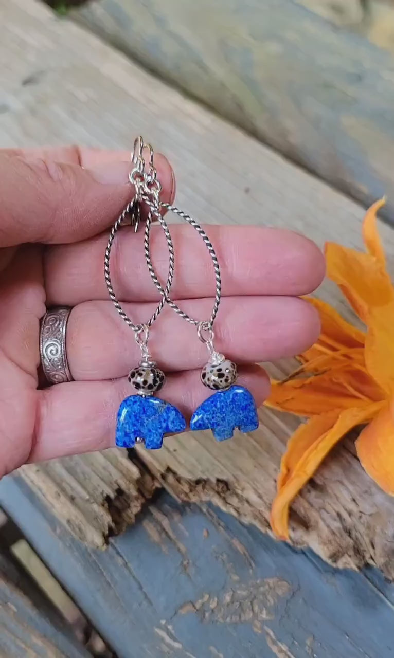 Denim Blue Lapis Lazuli Earrings - Mamma bear, silver hoops, teardrop, handmade, leopard artisan glass, lightweight, southwestern, dangles
