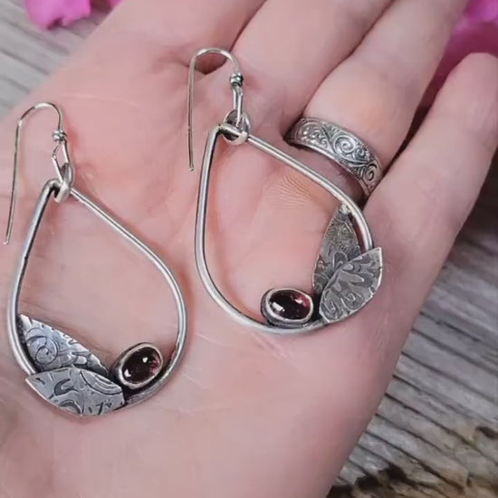 Hot Pink Sterling Silver Leaf Hoops - handmade earrings, natural tourmaline gemstones, teardrop, leaves, very lightweight, beautiful gift