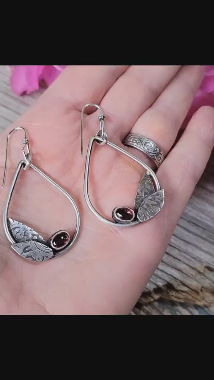Hot Pink Sterling Silver Leaf Hoops - handmade earrings, natural tourmaline gemstones, teardrop, leaves, very lightweight, beautiful gift