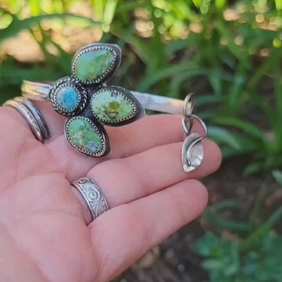 Sonoran Gold Turquoise Silver Flower Cuff - handcrafted, blue, green, natural stone, handmade, leaf, petals, sterling silver, beautiful gift