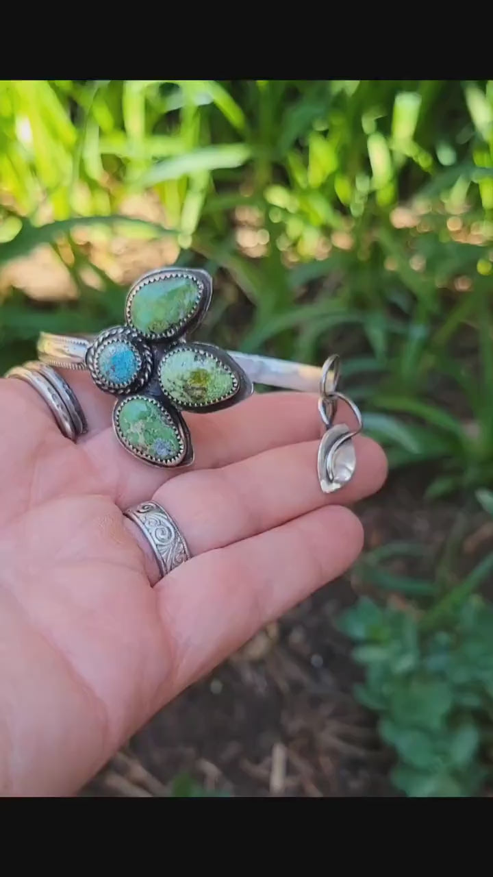 Sonoran Gold Turquoise Silver Flower Cuff - handcrafted, blue, green, natural stone, handmade, leaf, petals, sterling silver, beautiful gift