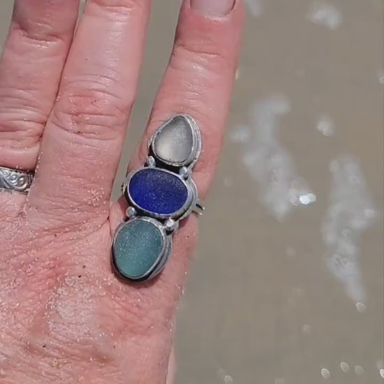 Seaglass Ring - handmade ring, blue seaglass, aqua seaglas, white seaglass, genuine, sterling silver, Size 8. 25 USA, beautiful gift