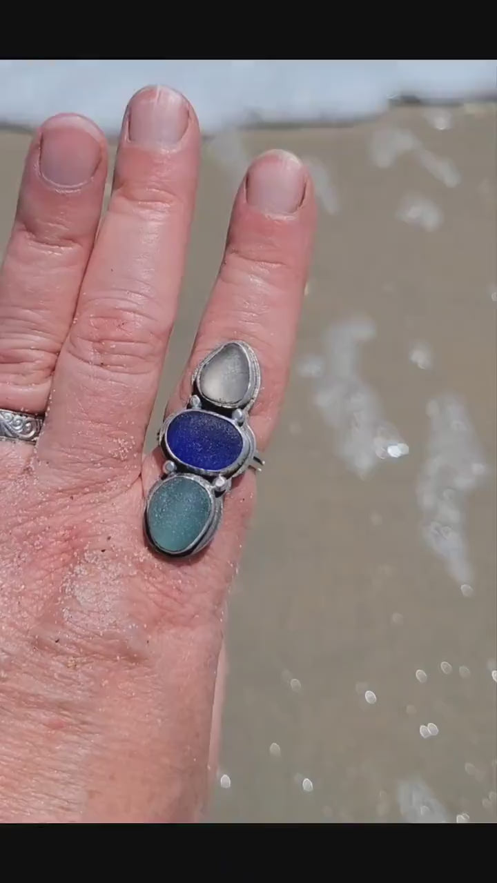 Seaglass Ring - handmade ring, blue seaglass, aqua seaglas, white seaglass, genuine, sterling silver, Size 8. 25 USA, beautiful gift