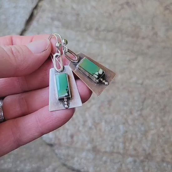 Silver Ridgeline Dangle Earrings - handmade, hand crafted, modern, edgy, dotted,green hubei snowflake turquoise, lightweight, beautiful gift