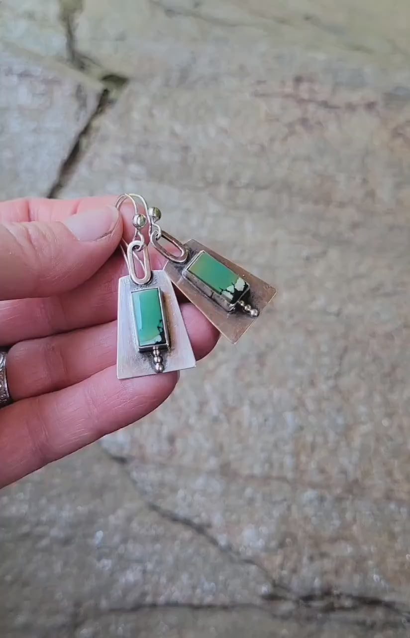 Silver Ridgeline Dangle Earrings - handmade, hand crafted, modern, edgy, dotted,green hubei snowflake turquoise, lightweight, beautiful gift